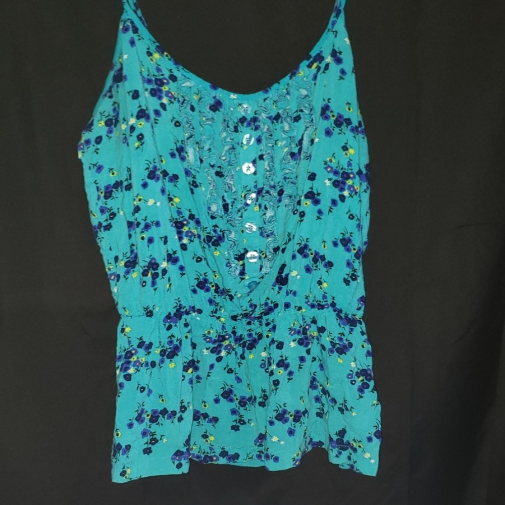 Aqua blue spaghetti tank top with ruffles.